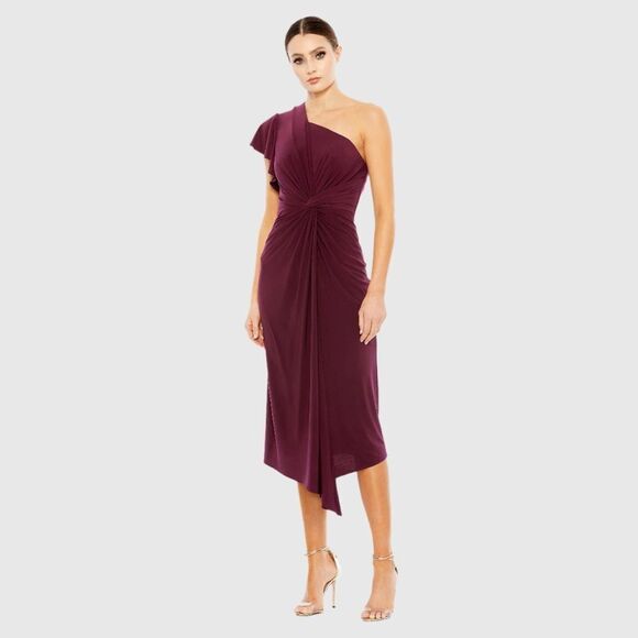 NWT MAC DUGGAL Red One Shoulder Midi Length Jersey Dress size 4 - Picture 1 of 13